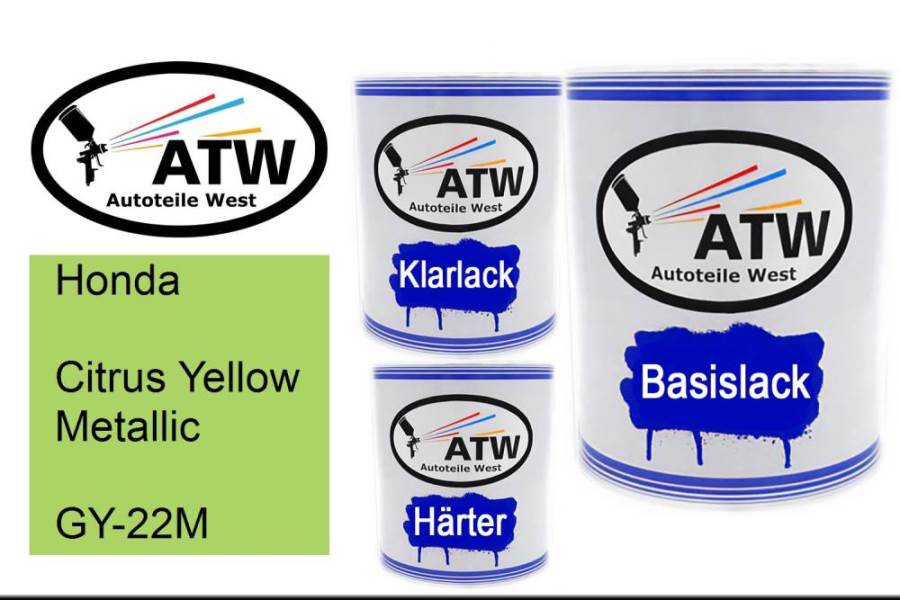 Honda, Citrus Yellow Metallic, GY-22M: 1L Lackdose + 1L Klarlack + 500ml Härter - Set, von ATW Autoteile West.